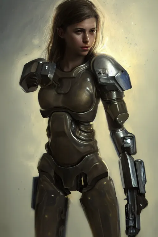 Image similar to a photorealistic painting of an attractive young girl, partially clothed in metal-plated battle armor, wielding a plasma rifle, dirty olive skin, long dark hair, beautiful bone structure, perfectly symmetrical face, perfect eyes, intricate, elegant, digital painting, concept art, illustration, sharp focus, minimal artifacts, volumetric lighting, from Metal Gear, in the style of Ruan Jia and Mandy Jurgens and Greg Rutkowski, trending on Artstation, award winning