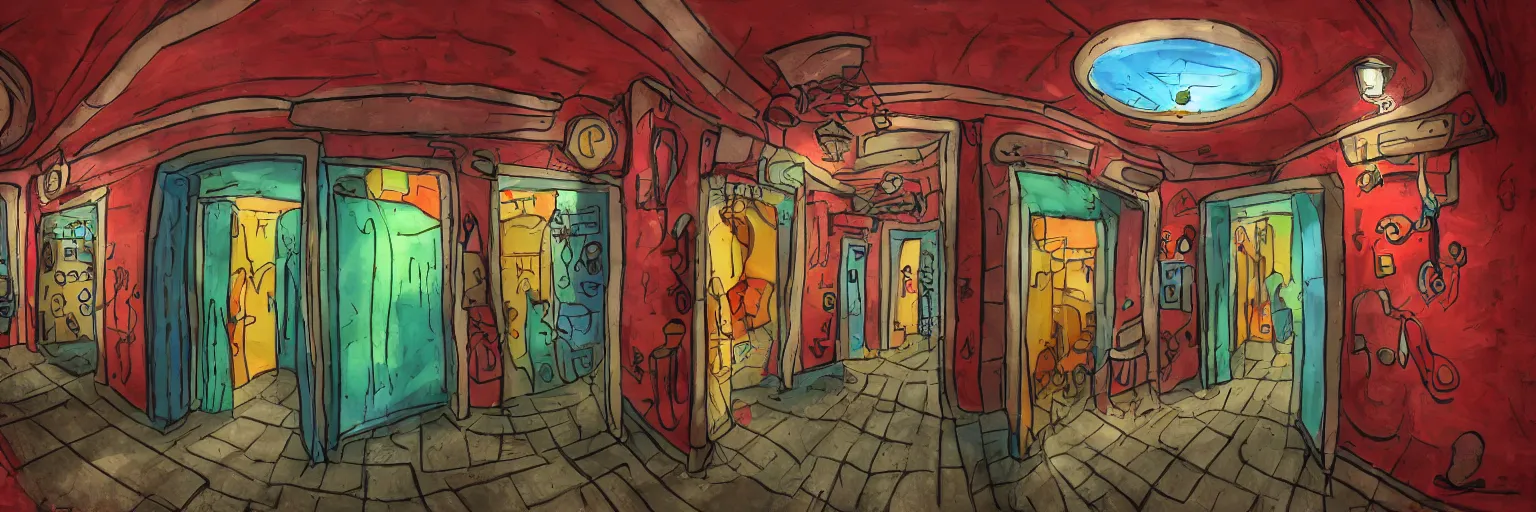 Prompt: theatre access corridor background, 3 doors, fish eye, day of the tentacle, color, vibrant, clay art
