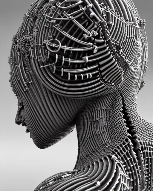 Image similar to mythical black and white organic bio-mechanical spinal ribbed profile face portrait detail of silver mechanical beautiful female angelic-vegetal-cyborg, highly detailed, intricate steampunk ornate, poetic, 3D render, digital art, octane render, 8K artistic photography, photo-realistic, by Dora Maar