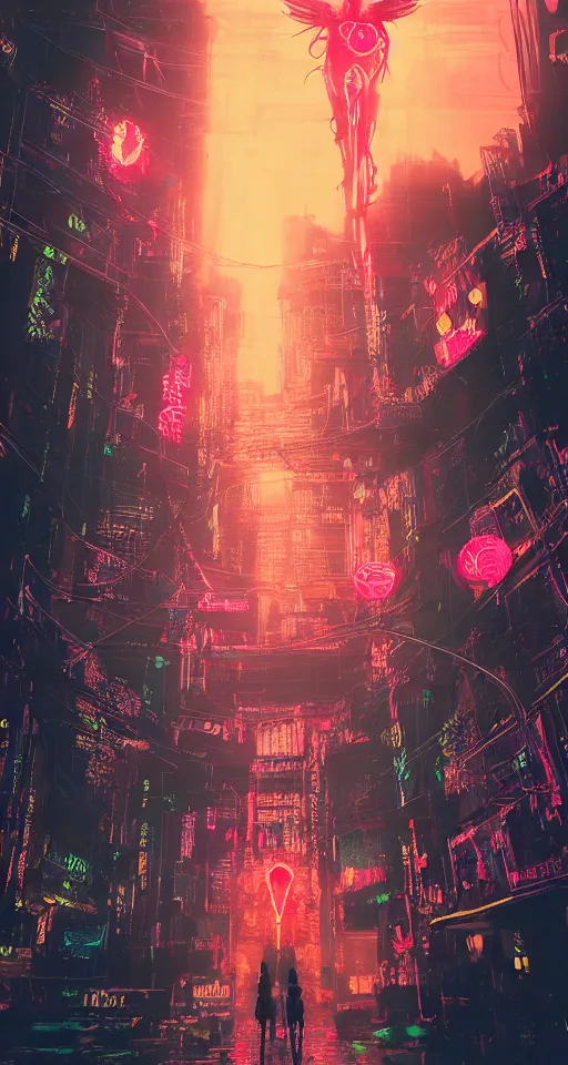 Image similar to a detailed matte painting of a neon cat under a black light with red led eyes, the cat is in a intricately detailed neo neon cyberpunk Japanese city, the angel of death with a halo, colorful background not limited to children, by Ismail Inceoglu , concept art, featured on cgsociety