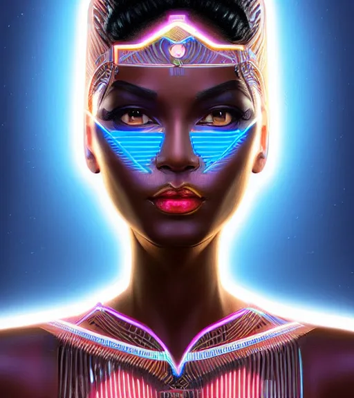 Image similar to symmetry!! egyptian princess of technology, solid cube of light, hard edges, product render retro - futuristic poster scifi, lasers and neon circuits, beautiful brown skin woman egyptian princess, intricate, elegant, highly detailed, digital painting, artstation, concept art, smooth, sharp focus, illustration, dreamlike, art by artgerm