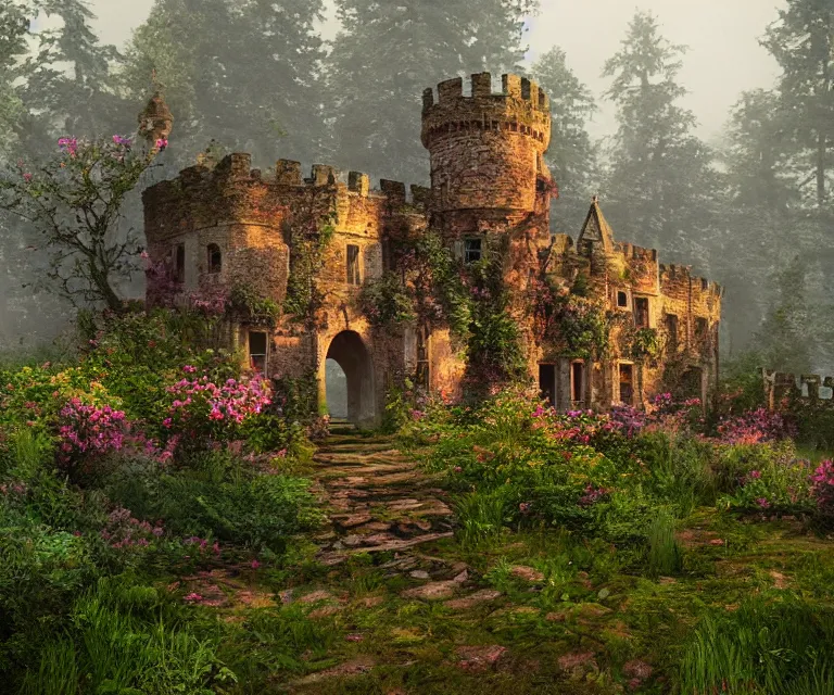 Image similar to old rundown castle in the middle of a haunted forest, foggy, high fantasy, colorful flowers, aged vegetation, photorealism