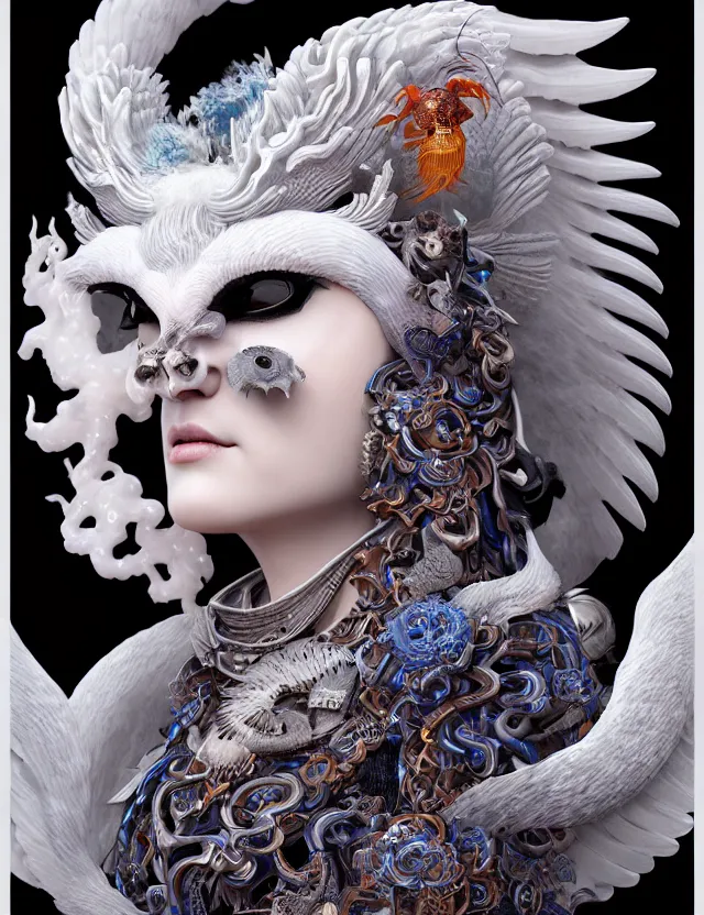 Image similar to 3 d goddess of death close - up profile portrait with ram skull. beautiful intricately detailed japanese crow kitsune mask and clasical japanese kimono. betta fish, jellyfish phoenix, bio luminescent, plasma, ice, water, wind, creature, artwork by tooth wu and wlop and beeple and greg rutkowski