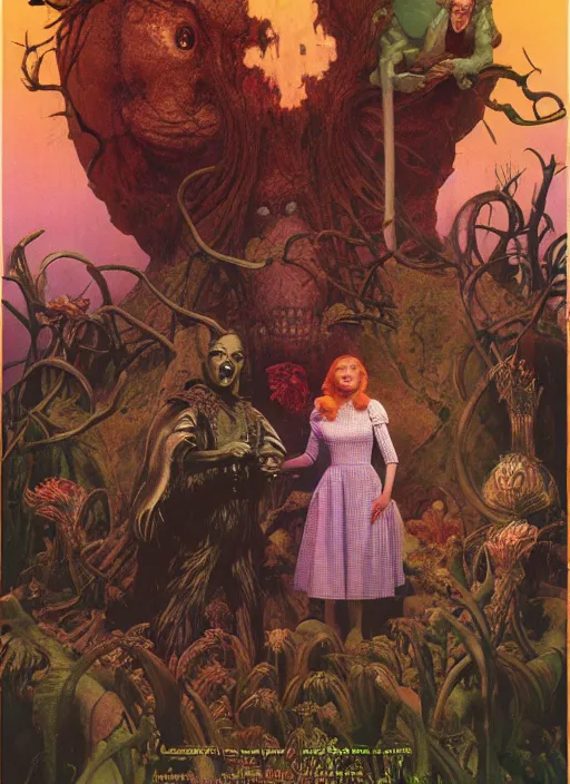 Image similar to Wizard of oz movie poster, by lawrence alma-tadema and zdzislaw beksinski and norman rockwell and jack kirby and tom lovell and greg staples, artstation creature art