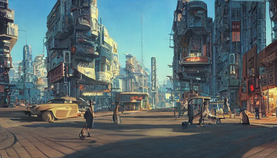 Prompt: a beautiful painting of a retro future city street, ray traced lighting by jean claude mezieres