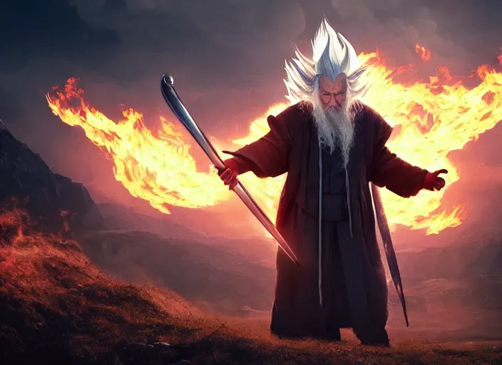 Prompt: gandalf going super saiyan around flames, beautiful landscape, dramatic lighting, cinematic, establishing shot, night time, heavy rain, extremly high detail, photorealistic, cinematic lighting, epic fight scene, post processed, concept art, artstation, matte painting, style by greg rutkowsky