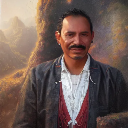 Image similar to portrait of a mexican man ( 3 5 ) from mexico in 2 0 2 1, an oil painting by ross tran and thomas kincade