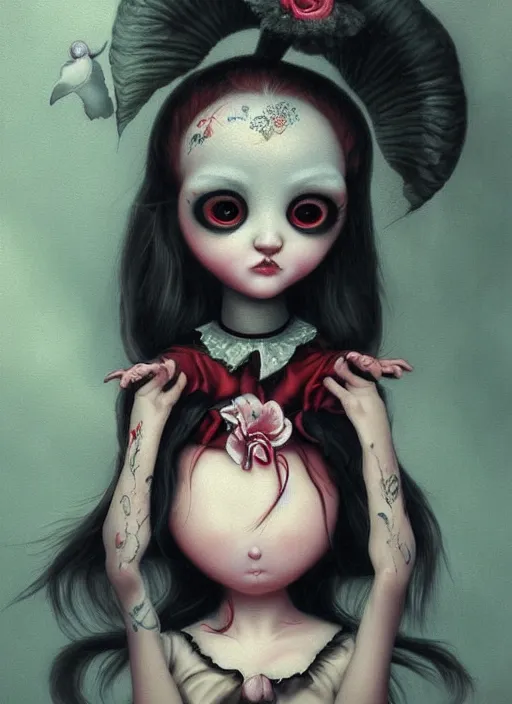 Image similar to pop surrealism, lowbrow art, realistic cute alice babymetal painting, japanese street fashion, hyper realism, muted colours, rococo, natalie shau, loreta lux, tom bagshaw, mark ryden, trevor brown style,