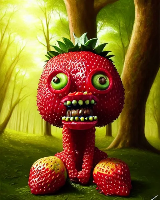 Image similar to portrait of a fruit figurine monster made of different fruit, 3 4 5 3 1, standing in a forest, staring wide open eyes, open mouth, very detailed eyes, trees in the background, sunlight, oil painting, highly detailed, dramatic lighting, hyperrealistic, 8 k, smooth, intricate, artstation, cgsociety, by artgerm, by wlop