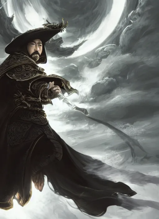 Prompt: a highly detailed illustration of Hiroyuki Sanada as wizard wearing black robe and mage hat, heroic magic floating pose, intricate, elegant, highly detailed, centered, digital painting, artstation, concept art, smooth, sharp focus, league of legends concept art, WLOP