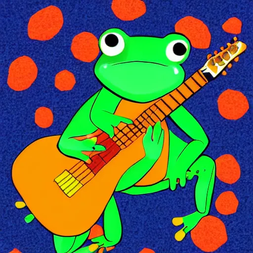 Prompt: cute frog playing on guitar, digital art, sombrero, blue background