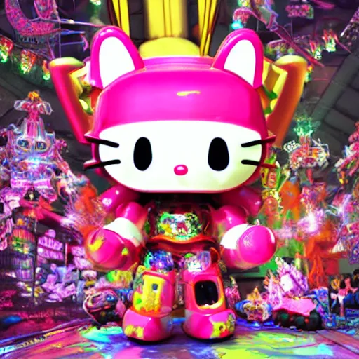 Image similar to a detailed 3 d render of a demonic japanese oni hellokitty mecha robot alien god wearing a raver outfit by lisa frank and cicely mary barker, taiyo matsumoto, myst, beeple, cgsociety, crisp, low angle shot