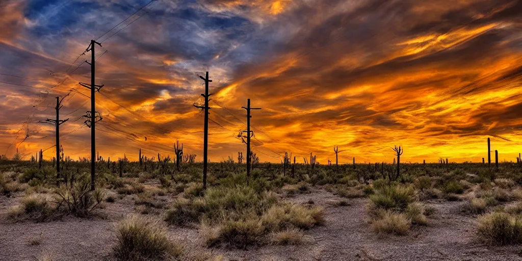 Prompt: long road telephone poles clouds sunset desert cactus photography HDR 8k