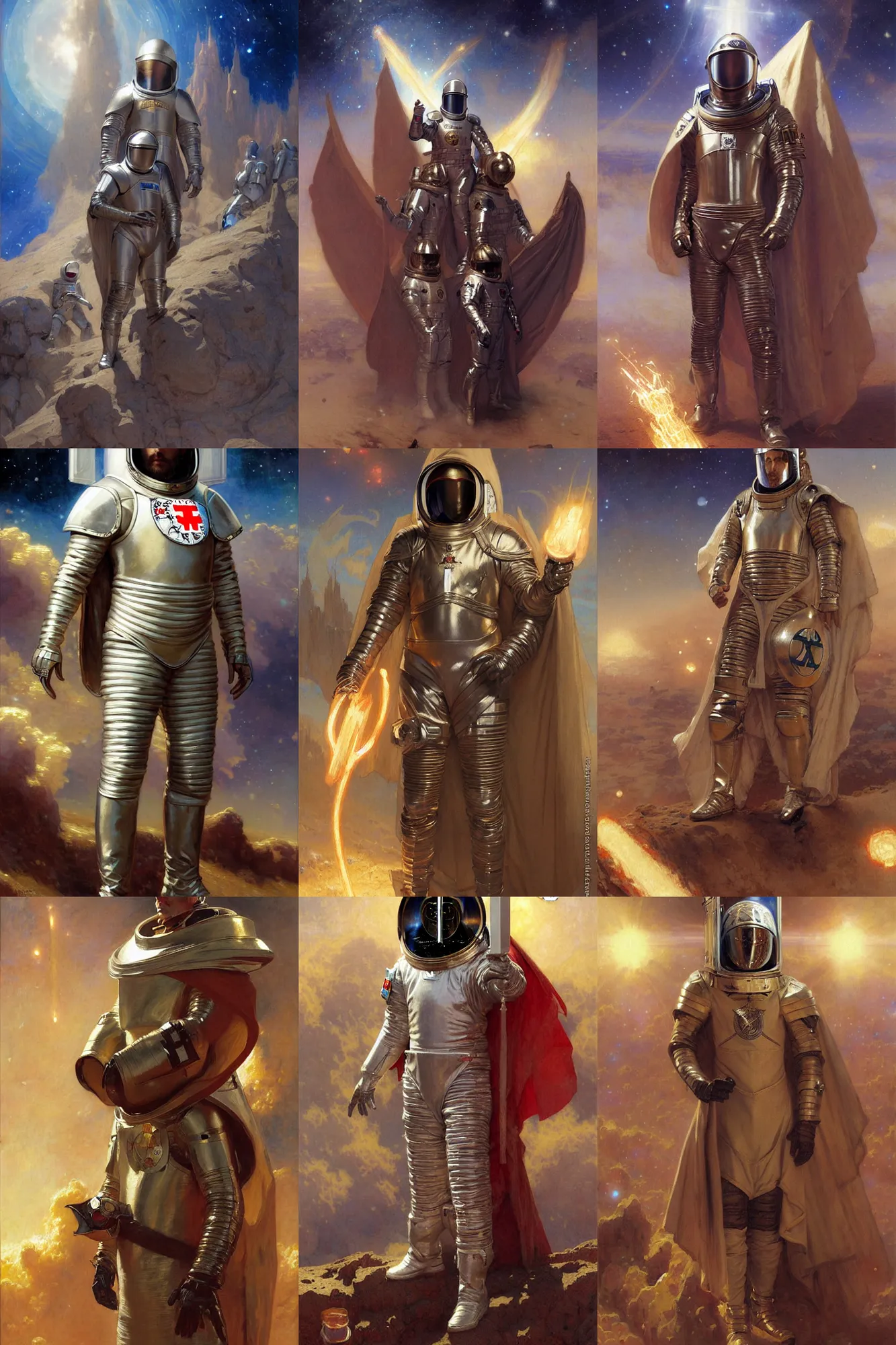 Prompt: knights templar in a space suit with cape, clothes design, painting by gaston bussiere, greg rutkowski, j. c. leyendecker, artgerm