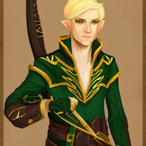 Prompt: Portrait of a handsome blonde elven ranger in green and gold jacket with a crossbow. In style of Hyung-tae Kim, concept art, trending on ArtStation, Korean MMORPG.