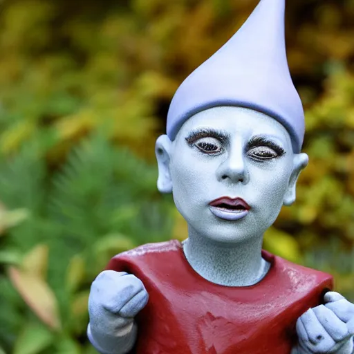 Image similar to photo of a ceramic garden gnome with the face of Lady Gaga