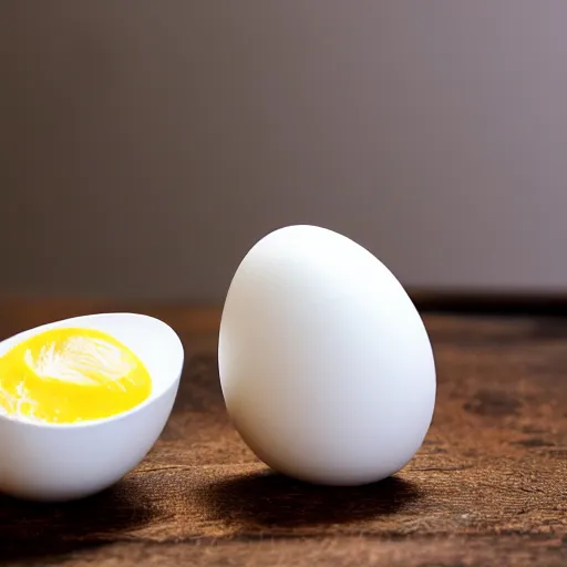 Image similar to a photograph of a hard boiled egg, sitting on top a table, there is a table cloth with an ornate pattern. minimalistic, natural light, depth of field