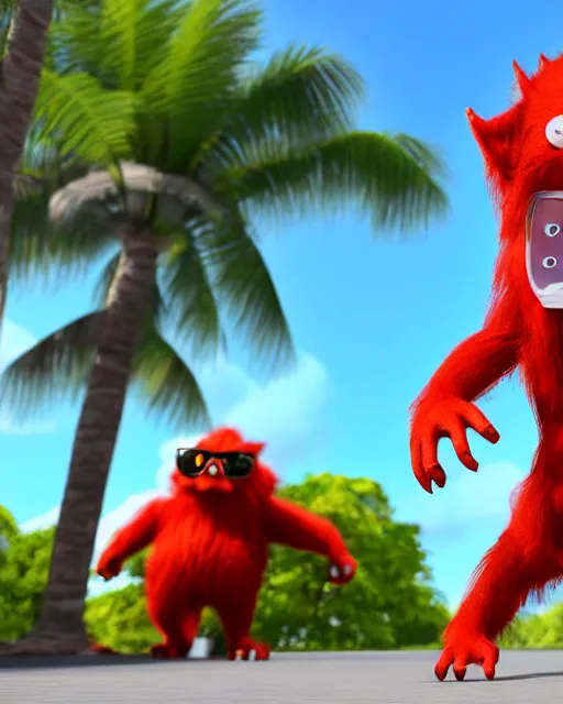 Image similar to 3 d render of completely red hairy friendly antropomorphic cartoony creature wearing white ray - ban shades, full body, simple, cute, white background, unreal engine 5 hdr