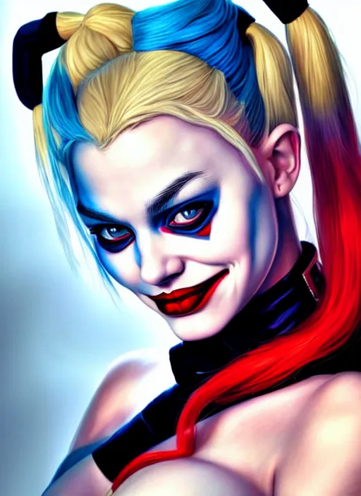 Prompt: high angle photo of harley quinn in the style of stefan kostic, realistic, sharp focus, 8 k high definition, insanely detailed, intricate, elegant, art by stanley lau and artgerm