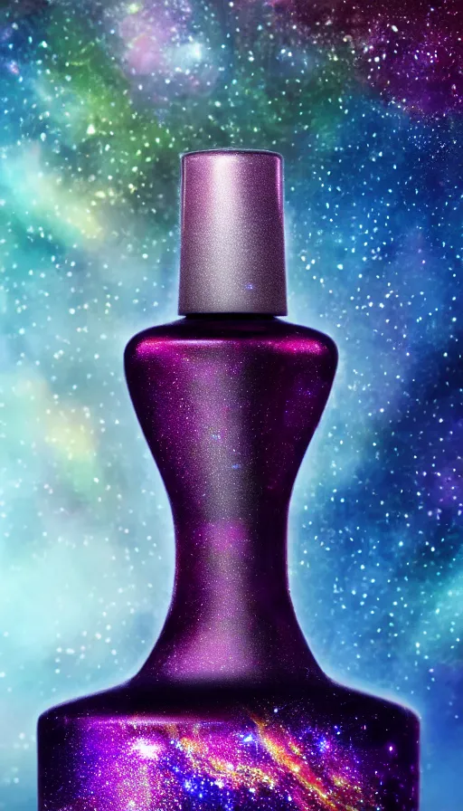 Image similar to a beautiful bottle of nail polish filled with a galaxy, insane, intricate, highly detailed, Zeiss Lens, smooth, sharp focus, Unreal Engine 5, Octane Render, Redshift, 8K