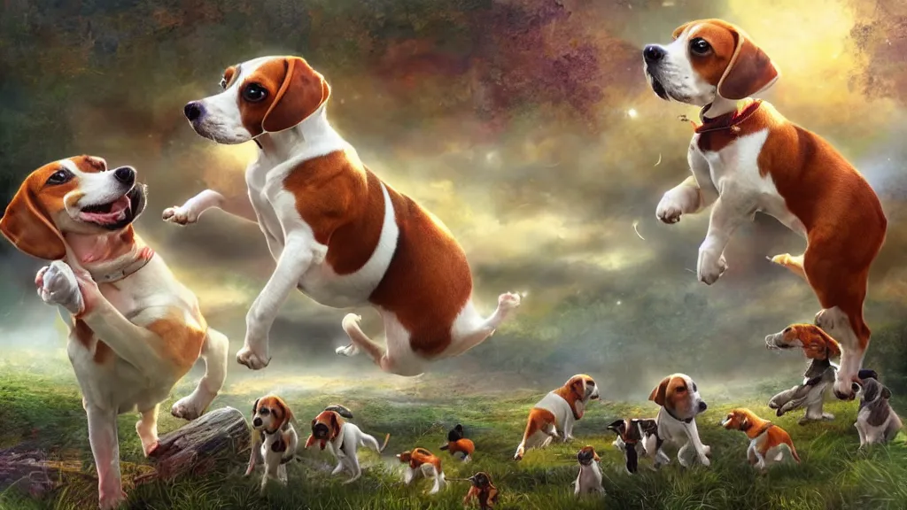 Prompt: Beautiful beagles playing ” Beautiful Dreamscape, Digital art, concept art, detailed, lovely colors, Art station,3-D 4K, beautiful background, matte painting, ,