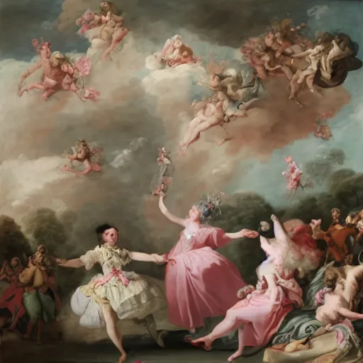 Image similar to pugs heaven on pink clouds adopts the language of Rococo, reimagining the dynamism of works by eighteenth-century artists such as Giovanni Battista Tiepolo, François Boucher, Nicolas Lancret and Jean-Antoine Watteau through a filter of contemporary cultural references including film, food and consumerism