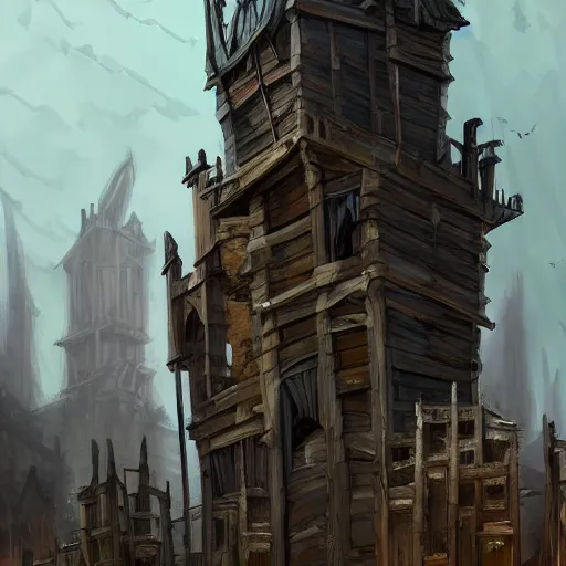 Image similar to medeival fantasy town, slight ruination, night, tall wooden palisade!! connecting buildings, artstation