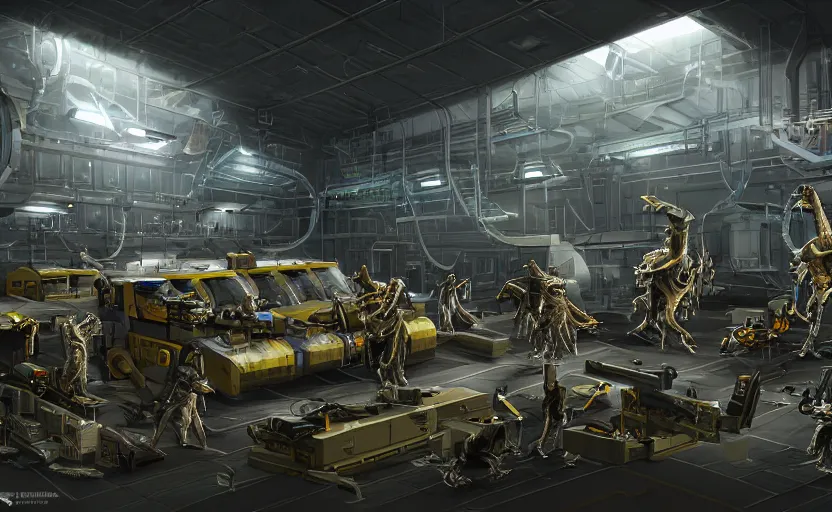 Image similar to epic scenic shot, highly detailed weapons laboratory, clean and organized, quantum technology, ran by a goan supercomputer, bright lights, warehouse, with giant sharp mechanical dragon parts in the middle, with a couple anthropomorphic wolf researchers in military uniforms, carrying guns, tables, parts, gun scraps, windows, epic lighting, sci fi, Extremely detailed digital art, furry art, furaffinity, DeviantArt, HD artstation