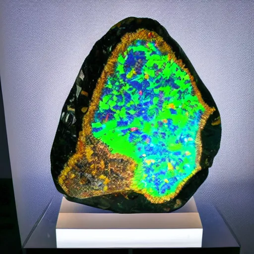 Prompt: enormous chunk of raw iridescent boulder opal, on a display stand, displayed in a museum