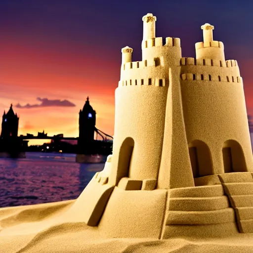 Prompt: full - size tower of london sandcastle contains human crowd, tiltshift, coronation of the sand queen, sunset