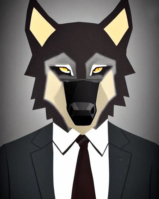 Image similar to a man in a suit and tie with a wolf mask on, a character portrait by kamagurka, extremely detailed, trending on deviantart, furry art, furaffinity, behance hd, official art