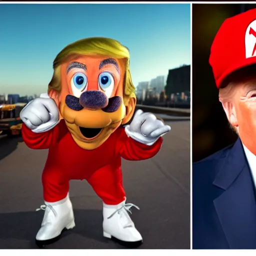 Prompt: uhd candid photo of hyperdetailed donald trump dressed as mario. correct face, cinematic lighting, photo by annie leibowitz, and steve mccurry.