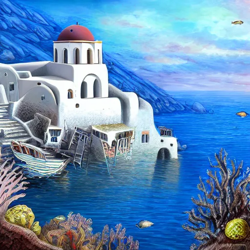 Image similar to Santorini Greece attacked by sea creatures, highly detailed artstation,