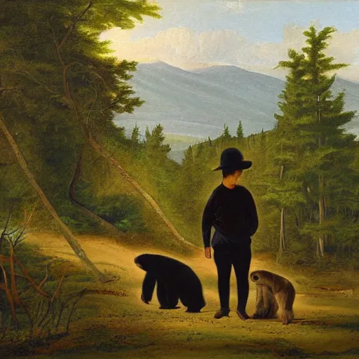 Prompt: two Chippewa boys stalk a small black bear in the forest painted by John Mix Stanley