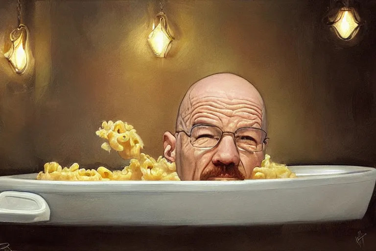 Image similar to portrait of walter white sitting in a bathtub full of mac and cheese, an oil painting by ross tran and thomas kincade