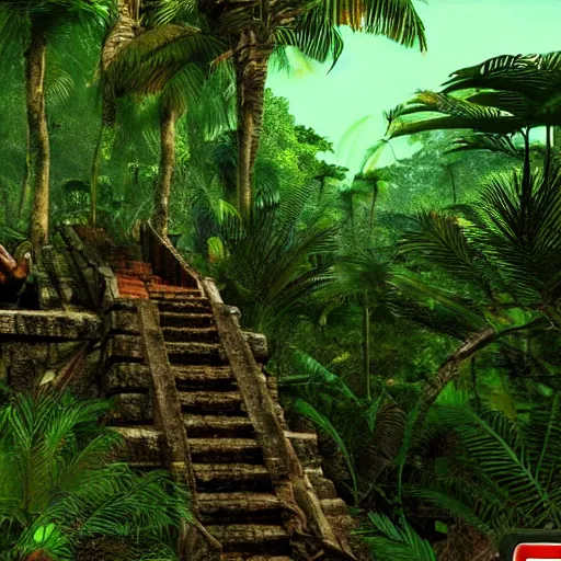 Image similar to turok 64 in a ancient mayan jungle, high quality CG render, 4K