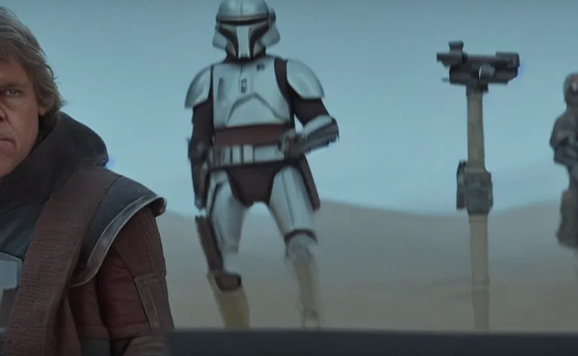 Prompt: still image screenshot portrait of luke skywalker on the new episode of the mandalorian disney + hundreds of bounty hunter soldiers in front of a strange building, moody gold planet, anamorphic lens