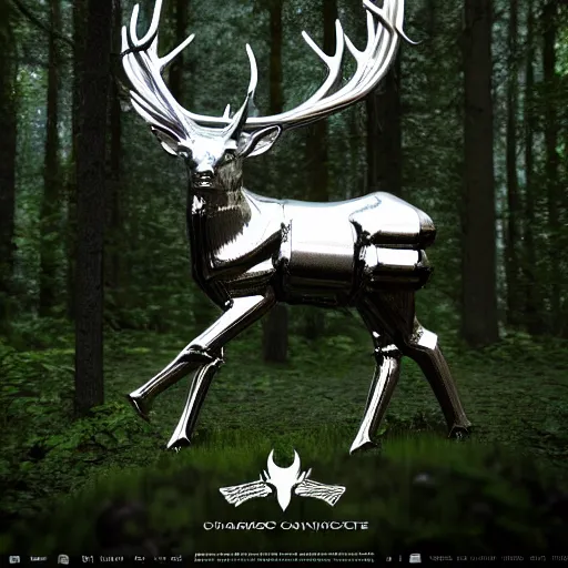 Prompt: chrome stag made of corvette parts in a lush forest :: moody, ornate, dynamic, particulate, intricate, elegant, highly detailed, centered, artstation, smooth, sharp focus, octane render