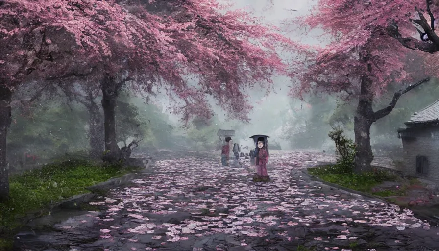 Image similar to abandoned japanese village, cherry blossoms, rainy day, hyperdetailed, artstation, cgsociety, 8 k