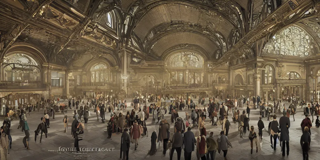 Prompt: cinematic movie scene, 200mm wide shot, precise architectural rendering, interior of victorian era railway station with ornate architecture, bustling with people and, victorian architecture, emerald, crystalline, detailed illustration, sharp focus, concept art, unreal engine, octane render, god rays, aesthetic