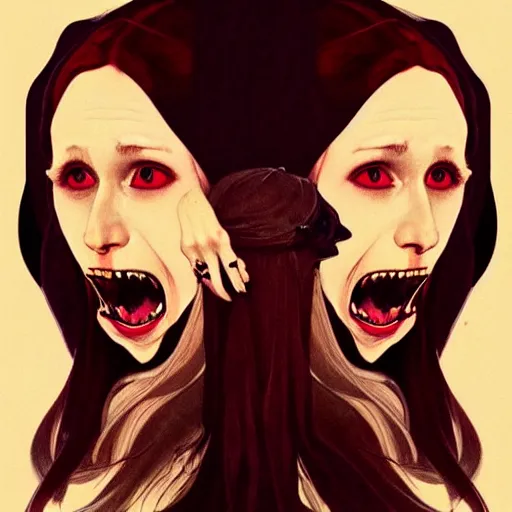 Prompt: in the style of Joshua Middleton and artgerm, Norman Rockwell, evil vampire Taissa Farmiga open mouth with large sharp fangs, waist up, middle shot, moody lighting