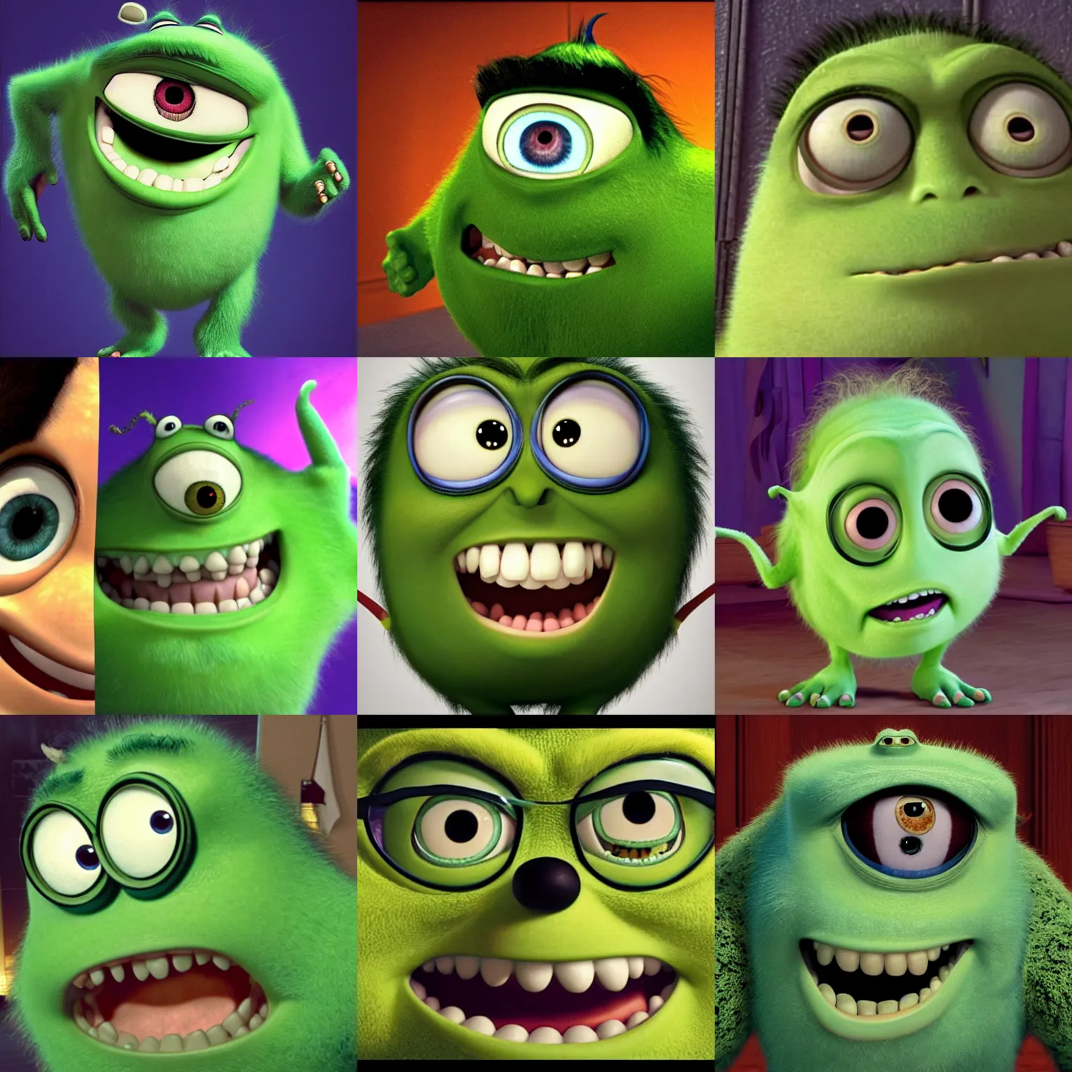 Prompt: mike wazowski with the face of james p sullivan from monsters inc (2001), movie, high quality