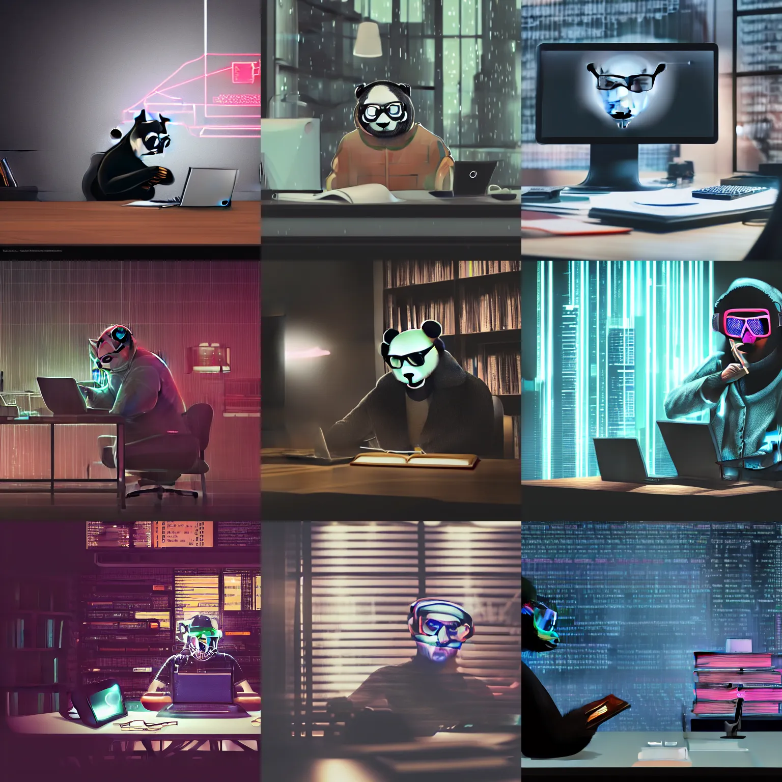 Prompt: a panda wearing metal frame glasses is coding in front of the computer, there are Mac Studio, a bottle of coffee and some closed books on the desk, foggy, mystery code, Cyberpunk, neon light, 4k, hd, highly detailed