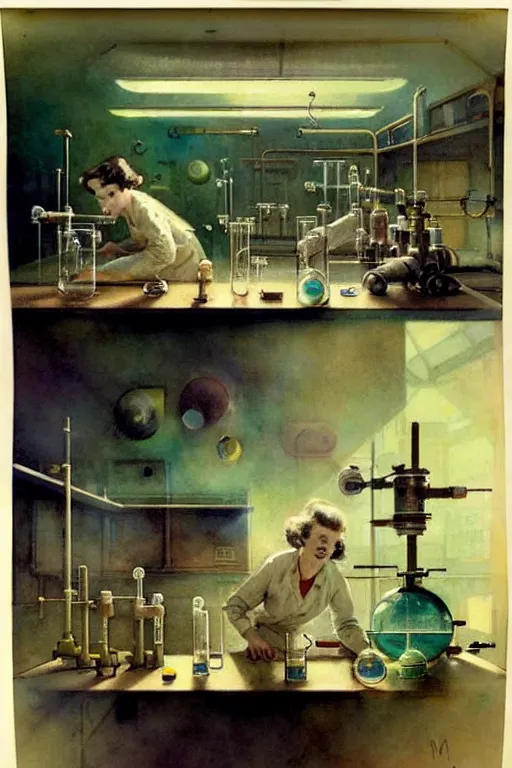 Image similar to ( ( ( ( ( 1 9 5 0 s retro science fiction laboratory interior scene. muted colors. ) ) ) ) ) by jean - baptiste monge!!!!!!!!!!!!!!!!!!!!!!!!!!!!!!