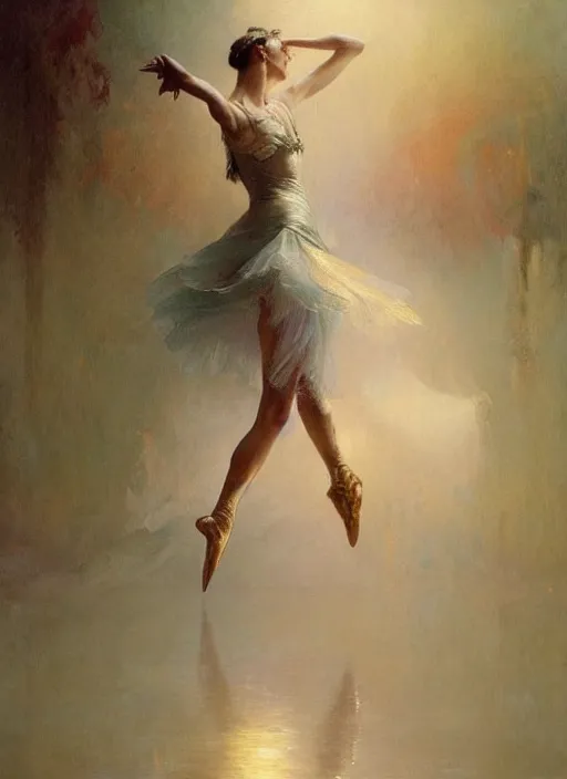 Image similar to a beautifull intricate oil painting of a dancing ballerina, reflexions, verry high details by william turner art, greg rutkowski and alphonse mucha, trending on artstation, very very detailed, masterpiece, muted colors