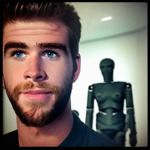 Image similar to “a realistic detailed photo of a guy who is an attractive humanoid who is half robot and half humanoid, who is a male android, actor Liam Hemsworth, shiny skin, posing like a statue, blank stare, at the museum, on display”