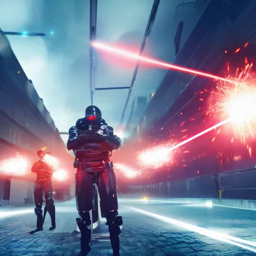 Image similar to british royal guard androids firing lasers, futuristic look, highly detailed body, photorealistic camera shot, crisp quality and light reflections, in england, futuristic city, unreal engine 5 quality render