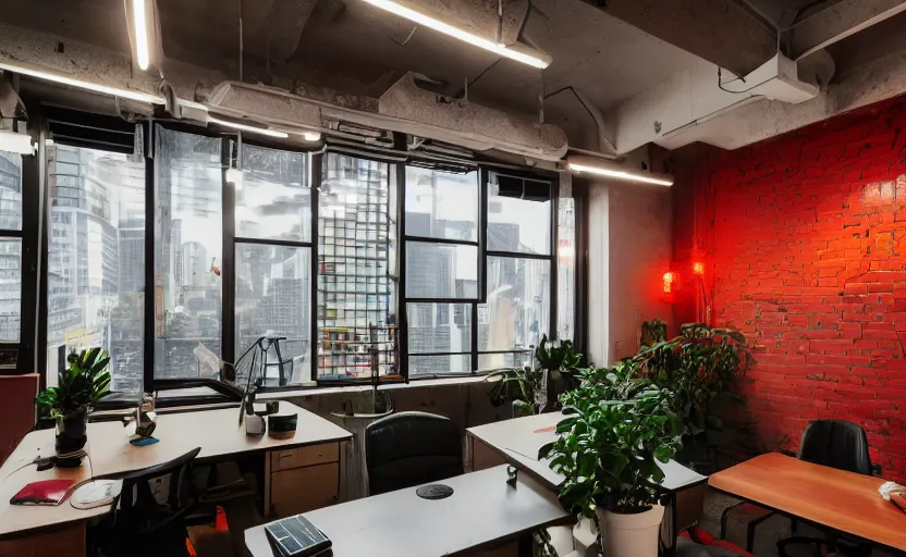 Prompt: maximalist interior of an office, pine wood, cyberpunk, japanese neon signs, retro futuristic, old brick walls, multiple desks, cupboards, rough wood, grey, anthracite, red, akihabara style, swedish style, green plants, window with a view of apartment blocks, 8K