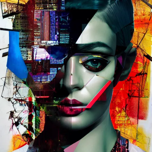 Prompt: Roman cyberpunk Goddess, collage, minimal style, digital painting, 4k, HDR, AI, fashion, smooth, sharp focus, art by Sandra Chevrier, John Hoyland, teamLab