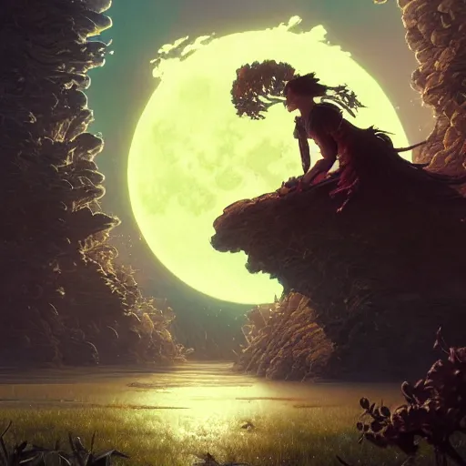 Image similar to highly detailed painting of the moon, unreal engine, fantasy art by greg rutkowski, loish, rhads, ferdinand knab, makoto shinkai and lois van baarle, ilya kuvshinov, rossdraws, tom bagshaw, alphonse mucha, global illumination, radiant light, detailed and intricate environment